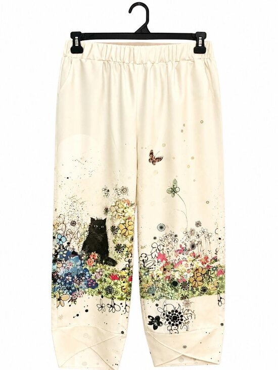 Unbranded Pants - Women's Ivory Floral Wide Leg Pants 2XL Elastic Waist Boho Palazzo Casual Pull O
